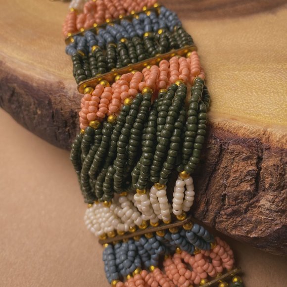 Boho Earth Tone Glass Seed Bead Wide Striped Coral Green Gold Beaded Bracelet - Picture 5 of 11